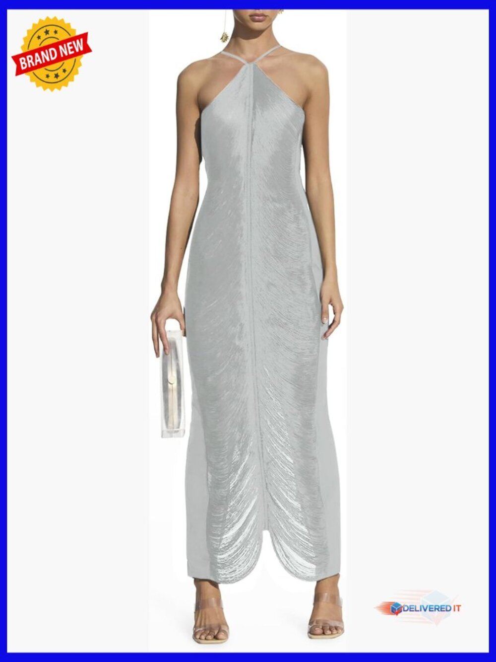 Metallic Halter Midi Dress Sleeveless Backless Bodycon Party Formal